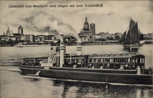 Ak Stralsund in Vorpommern, Überfahrt von Stralsund nach Rügen mit dem Trajektschiff, Eisenbahnfähre