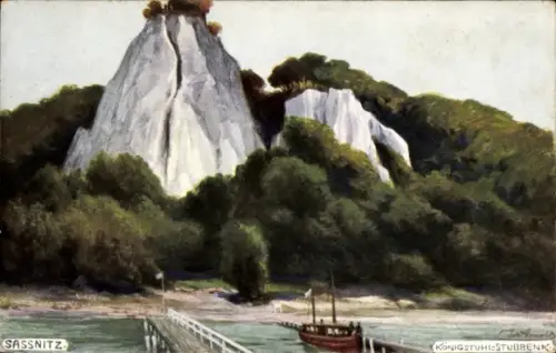 Ak Sassnitz auf Rügen,  Königstuhl, Stubben, Felsen, Boot, Pier