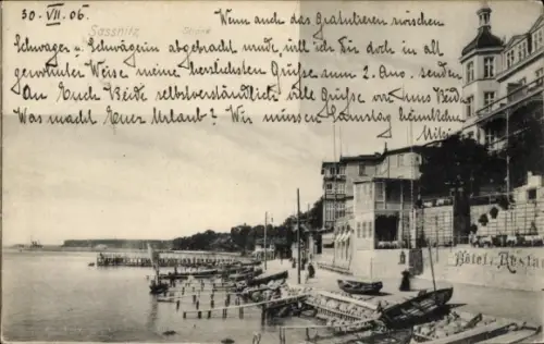 Ak Sassnitz auf Rügen,  Strand, Boote am Wasser, Hotel Restau,  aus 1906