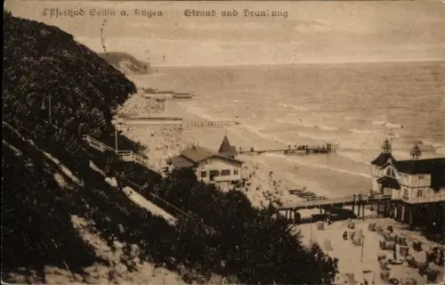 Ak Ostseebad Sellin auf Rügen, Strand, Seebrücke, Gebäude, Küste, Wellen