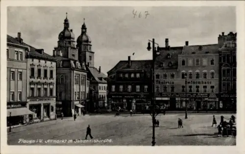 Ak Plauen im Vogtland, Plauen IV. Altmarkt, Johanniskirche, Menschen, Geschäfte, Schwarz-Weiß-Fot
