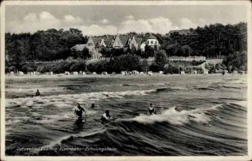 Ak Ostseebad Lubmin in Pommern, Eisenbahn-Erholungsheim, Strand mit Badenden
