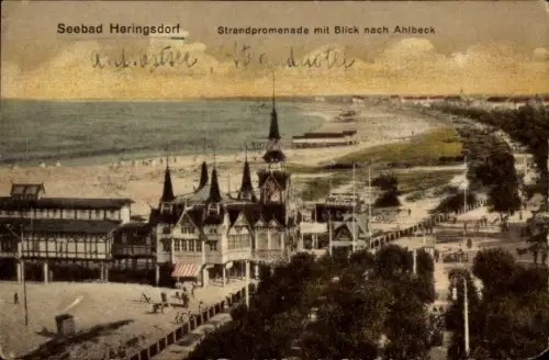 Ak Ostseebad Heringsdorf auf Usedom, Strandpromenade mit Blick nach Ahlbeck