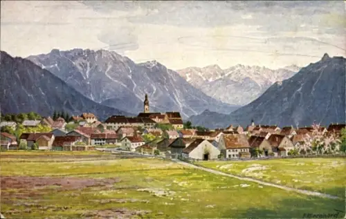 Ak Murnau am Staffelsee, Landschaft mit Bergen, Dorfansicht,  Aquarellstil