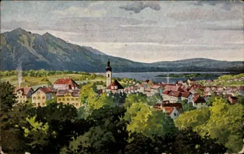 Ak Murnau am Staffelsee, Landschaft mit Bergen, See, Stadtansicht,  Staffelsee