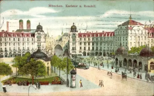 Ak München Maxvorstadt,  Karlstor, Rondell, Straßenbahn, Menschen, Bäume