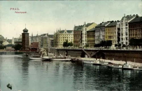 Ak Praha Prag Tschechien,  Palackyqual, Flussansicht,  Gebäude, Boote