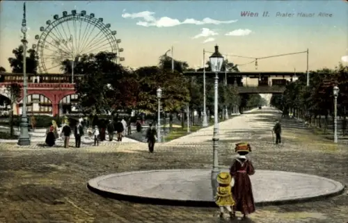 Ak Wien 2 Leopoldstadt Österreich, Wien II, Prater Haupt Allee, Riesenrad, Spaziergänger, Kinder