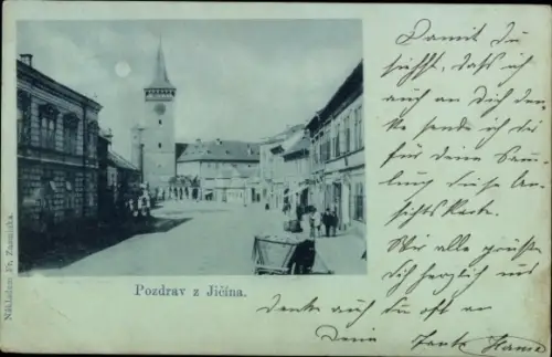 Mondschein Ak Jičín Jitschin Region Königgrätz, Straßenpartie
