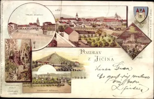 Litho Jičín Jitschin Region Königgrätz, Gesamtansicht, Platz, Felsen