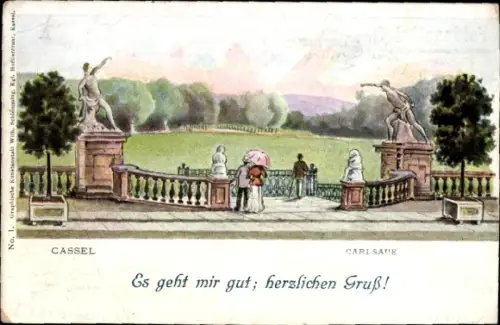 Ak Cassel Kassel in Hessen, Parklandschaft, Statuen, Personen mit Schirm, Schriftzug
