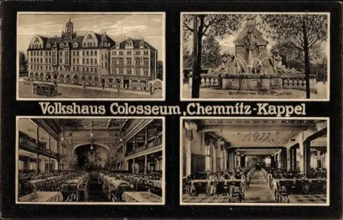 Ak Kappel Chemnitz in Sachsen, Volkshaus Colosseum, Brunnen im Konzertgarten