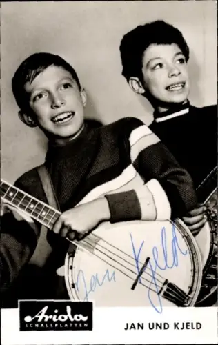 Autogrammkarte Jan und Kjeld, Portrait mit Banjo, Autogramm