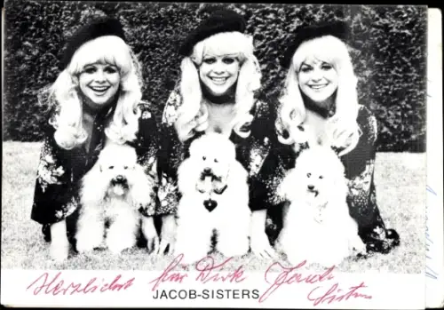 Ak Jacob Sisters mit ihren Pudeln, Autogramme