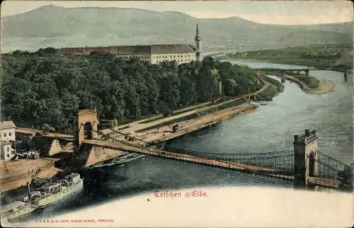 Ak Děčín Tetschen an der Elbe Region Aussig, Panorama, Brücke