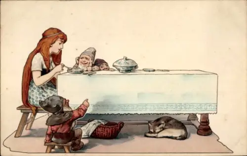 Ak Mädchen und Zwerge am Tisch, Schlafende Katze