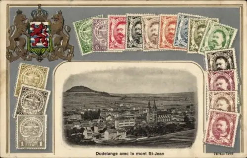 Präge Wappen Briefmarken Passepartout Ak Dudelange Düdelingen Luxemburg, Panorama, Mont St Jean