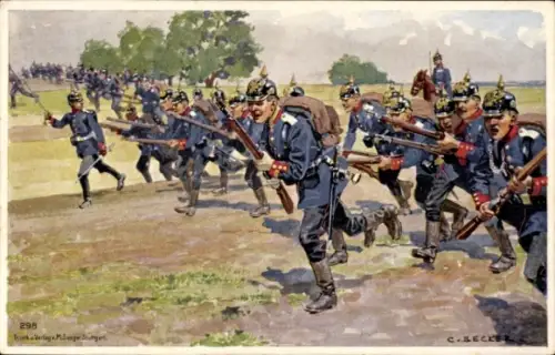 Künstler Litho Becker, Carl, Soldaten stürmen in die Schlacht
