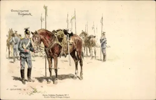 Künstler Litho Becker, Carl, Gemeinsames Frühstuück, Ulan mit Pferd