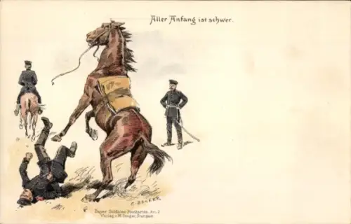 Künstler Litho Becker, Carl, Aller Anfang ist schwer, Soldat ist vom Pferd gestürzt