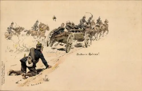 Künstler Litho Becker, C., Batterie-Galopp, Deutsche Soldaten, Kaiserreich