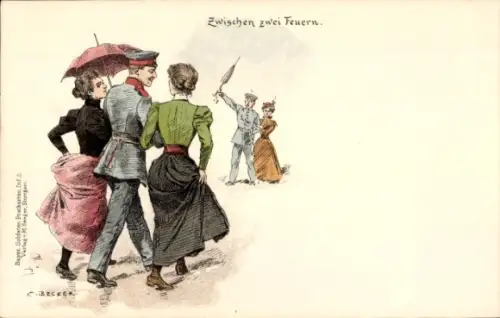 Künstler Litho Becker, Carl, Zwischen zwei Feuern, Soldat mit zwei Frauen