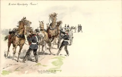 Künstler Ak Becker, Carl, Erstes Geschütz, Feuer, Soldaten mit ihren Pferden