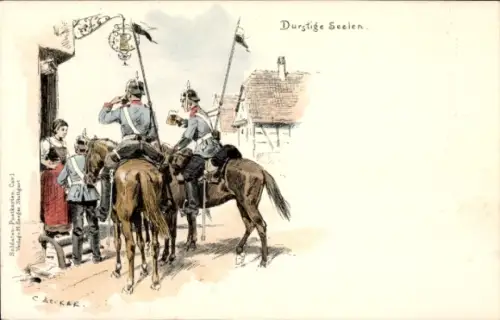 Litho Durstige Seelen, Soldaten auf Pferden, Kellnerin serviert Bier