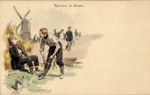 Künstler Litho Becker, C., Rasieren im Biwak, Deutscher Soldat, Windmühle