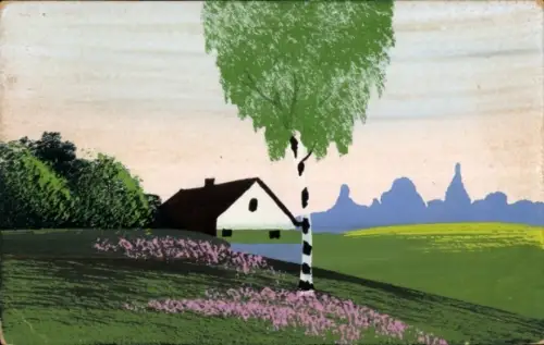 Handgemalt Ak Landschaftsmotiv, Haus, Birke