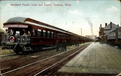 Ak Spokane Washington USA, Bahnhof, Northern Pacific Train, Depot