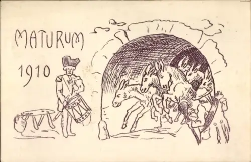 Studentika Ak Maturum 1910, Esel laufen aus einem Torbogen, Trommler