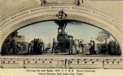 Ak Salt Lake City Utah USA, Union Station, Wandgemälde, Union Pacific RR., 1869