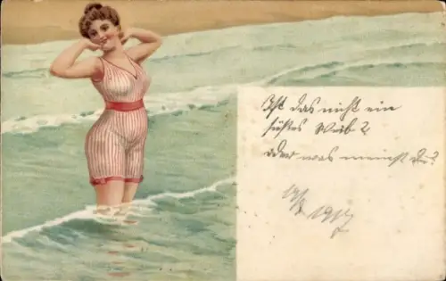 Litho Frau im gestreiften Badeanzug