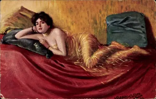 Künstler Ak Frau mit durchsichtigem goldenen Schleier bedeckt