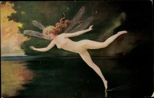 Künstler Ak Penot, Albert, Libelle, Frauenakt