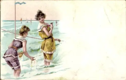 Litho Zwei Frauen in Badeanzügen