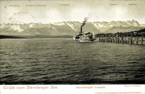 Ak Salondampfer Luitpold auf dem Starnberger See, Steg, Bergpanorama