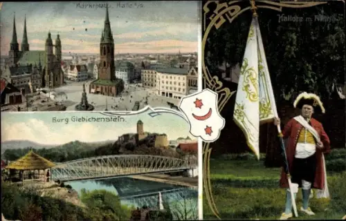 Wappen Ak Halle an der Saale, Hallore mit Fahne, Marktplatz, Burg Giebichenstein