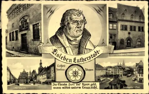 Ak Lutherstadt Eisleben, Luthers Geburtshaus, Sterbehaus, Marktplatz, Portrait, Wappen