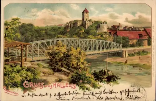 Künstler Litho Spindler, Erwin, Halle an der Saale, Panorama, Brücke
