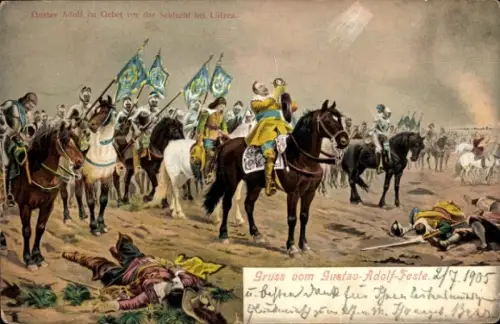 Künstler Ak Braun, Lützen im Burgenlandkreis, Gustav Adolf, Gebet vor der Schlacht, Festspiel Werdau