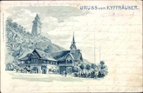 Litho Steinthaleben Kyffhäuserland in Thüringen, Kyffhäuser, Kaiser Wilhelm Denkmal, Gasthaus