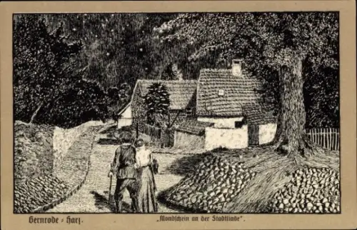 Künstler Ak Gernrode Quedlinburg im Harz, Mondschein an der Stadtlinde, Wanderpaar, Haus