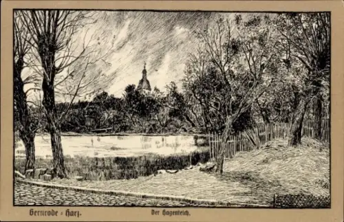 Künstler Ak Gernrode Quedlinburg im Harz, Hagenteich, Kirche