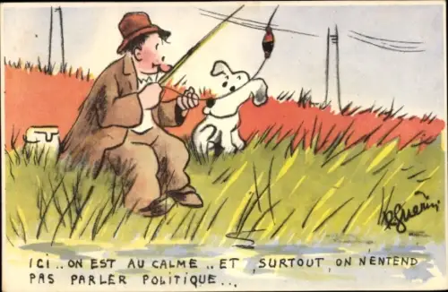 Künstler Ak Guerin, Angler mit seinem Hund, Humor