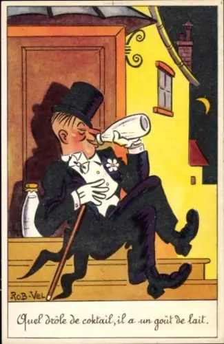 Künstler Ak Vel, Rob, Betrunkener Mann im Anzug trinkt aus Milchflaschen
