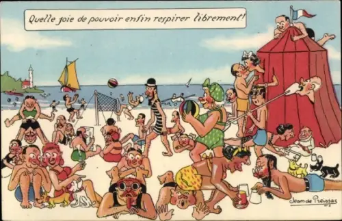 Künstler Ak Preissac, Strandleben, Volleyballspiel, Segelboot, Leuchtturm