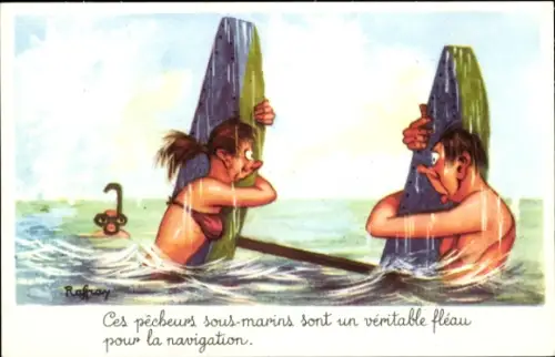 Künstler Ak Raffroy, Ces pêcheurs sous-marins sont un véritable fléau pour la navigation, Humor