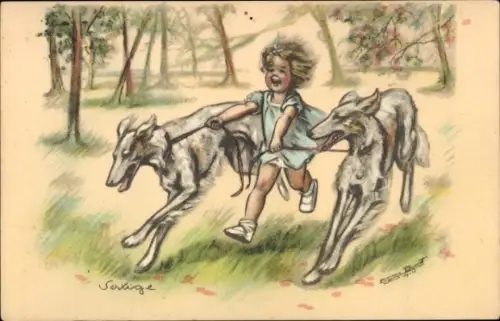 Künstler Ak Bouret, Germaine, Mädchen rennt mit zwei Windhunden durch den Park